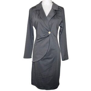 Black Pleated Accent Button Long Sleeve Fauz Wrap Collared Zip Up Dress